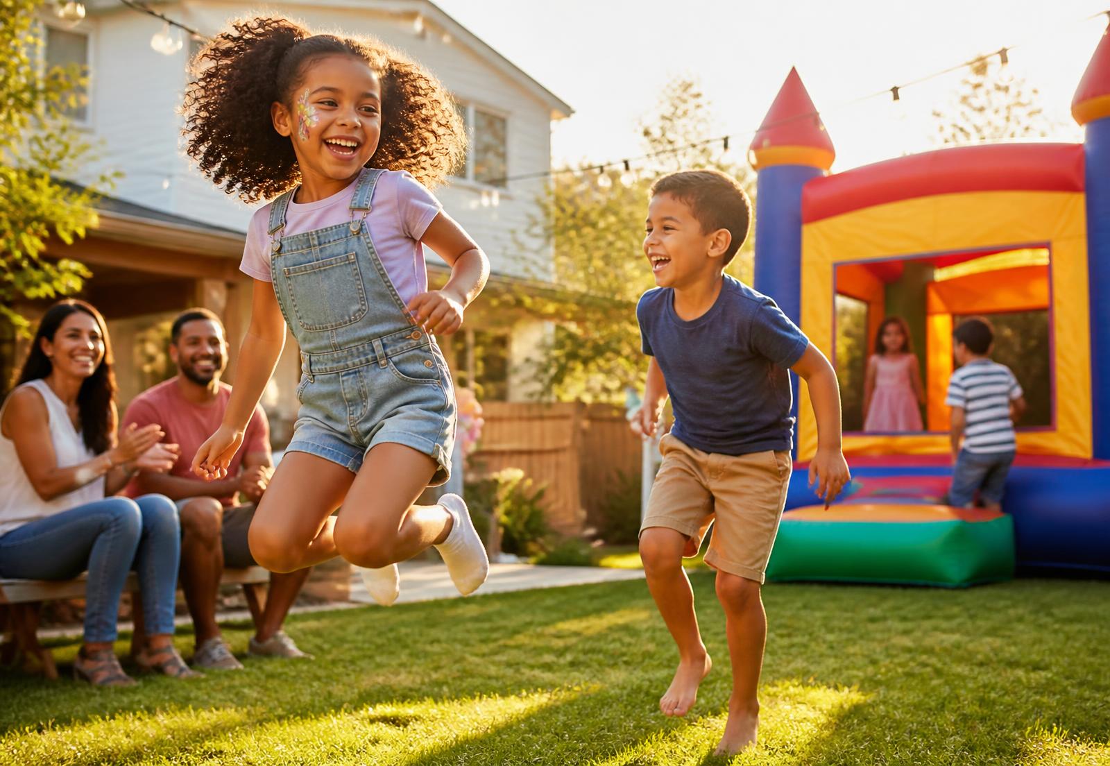 A family laughing in a sunny backyard next to a colorful bounce house